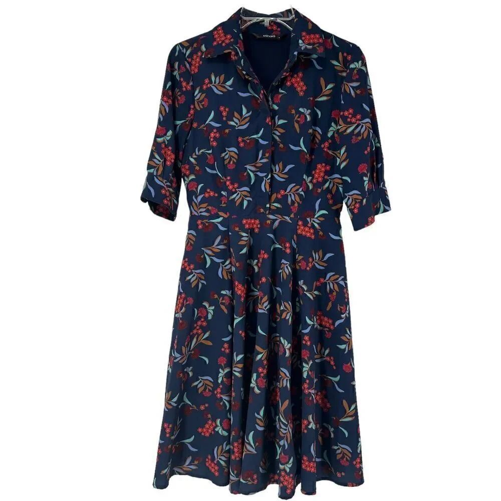 eShakti Shirt Dress Blue Floral Collared A Line Size 4 Short Sleeve Knee Length